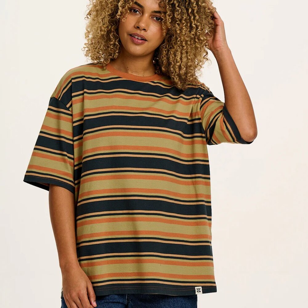 Lucy & Yak Benny Oversized Cotton Tee in Midnight Stripe - Size S